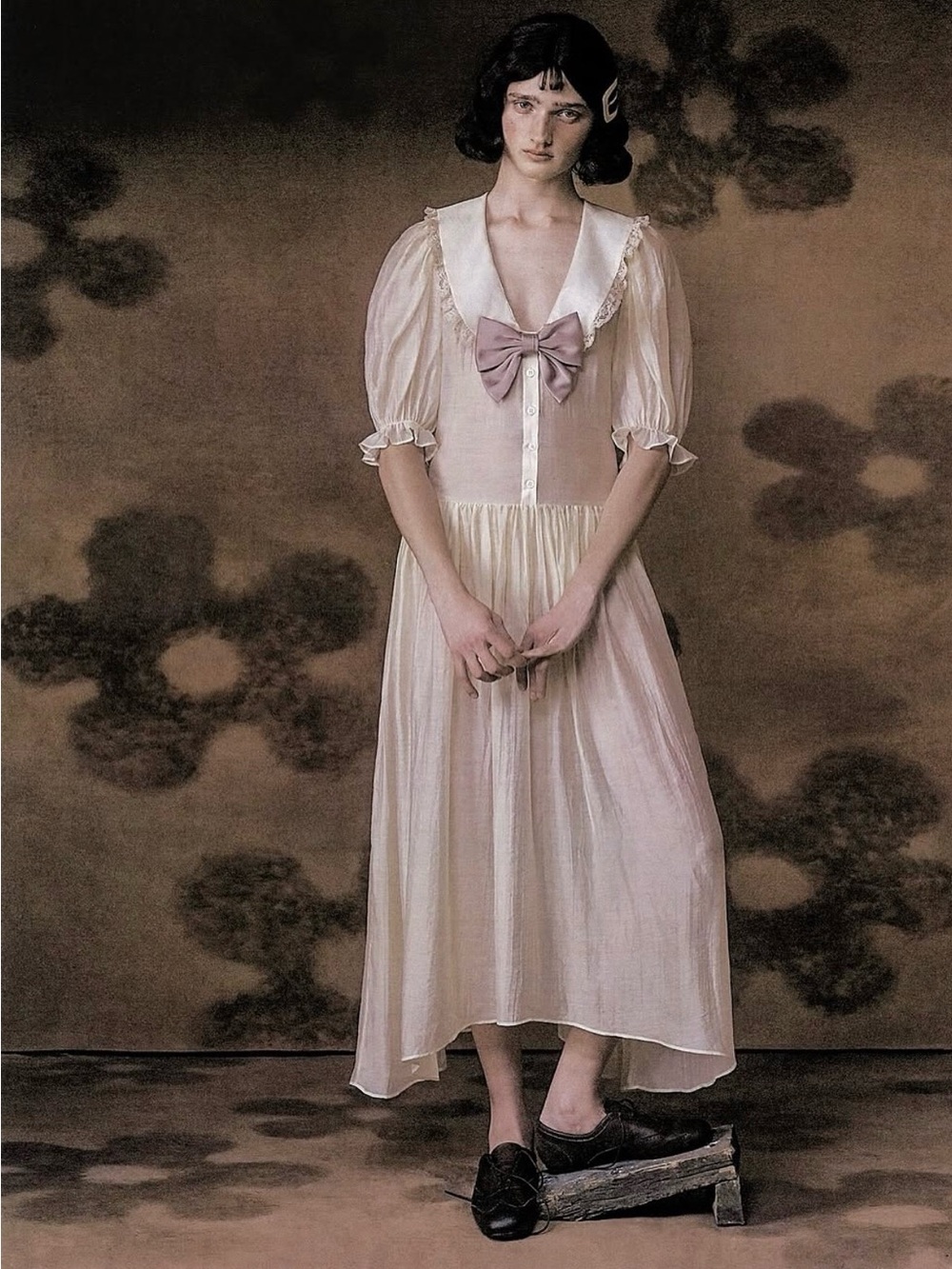Zara Long Sleeve Vintage-Inspired Sheer Dress in Blush and Cream limited edition